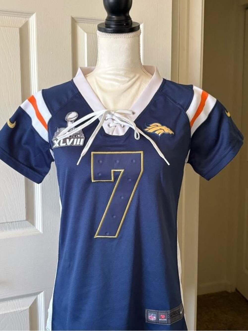 Sequined Elway NFL Navy and Orange Team Apparel Football Jersey Collar Tag